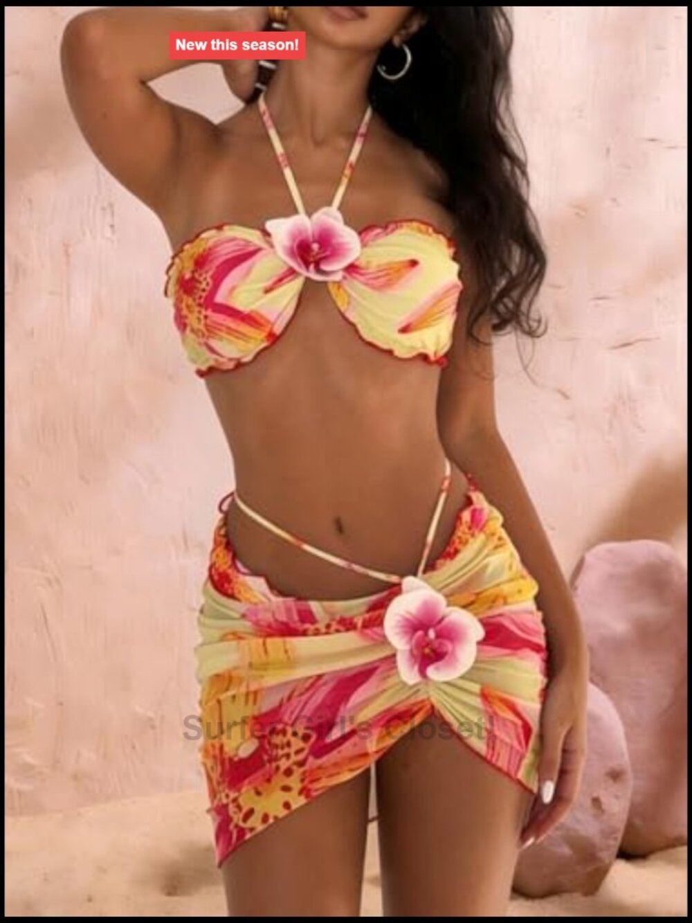 Floral Halter Triangle Bikini Set with Mesh Cover Up Skirt Summer Beach Swimwear - Picture 4 of 7